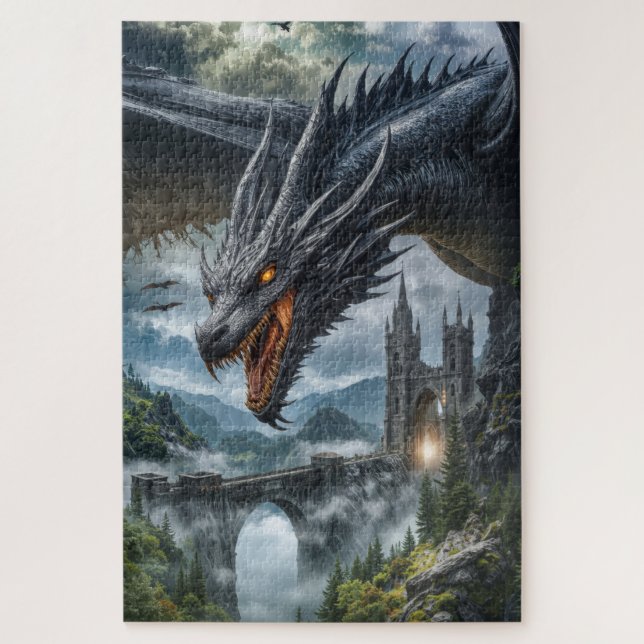 Quebra-cabeça Guarda Dragão Negro de um Castelo Gótico na Montan (Vertical)