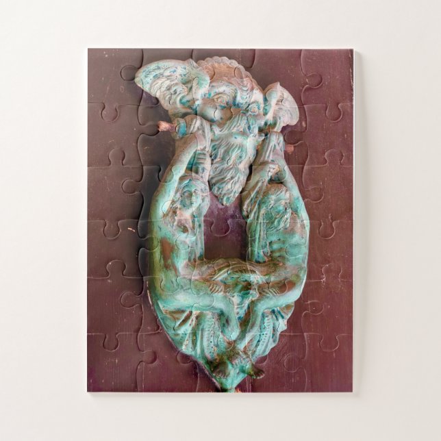 Quebra-cabeça Guardião Mítico | Aldrava de Porta Verdigris (Vertical)