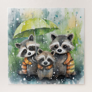 Quebra-cabeça Guaxinins Fofos na Chuva