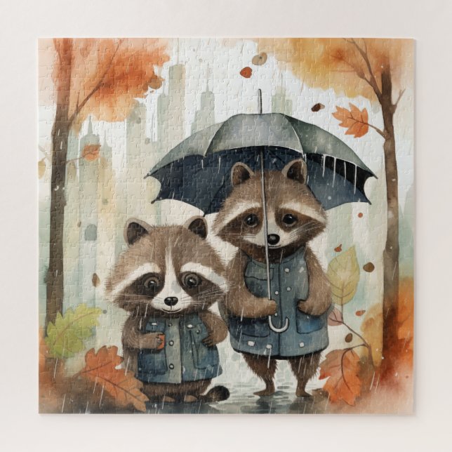 Quebra-cabeça Guaxinins Fofos na Chuva (Vertical)