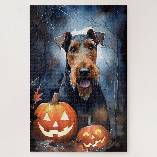 Quebra-cabeça Halloween Airedale Com Pumpkins Assustado (Vertical)