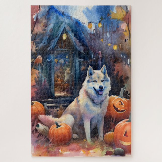 Quebra-cabeça Halloween Alaskan Malamute Com Pumpkins Assustado (Vertical)