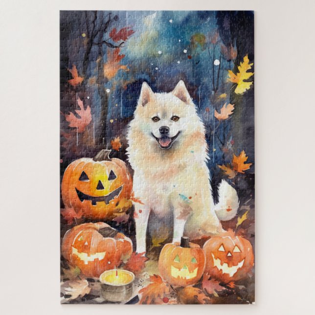 Quebra-cabeça Halloween American Akita Com Pumpkins Assustado (Vertical)