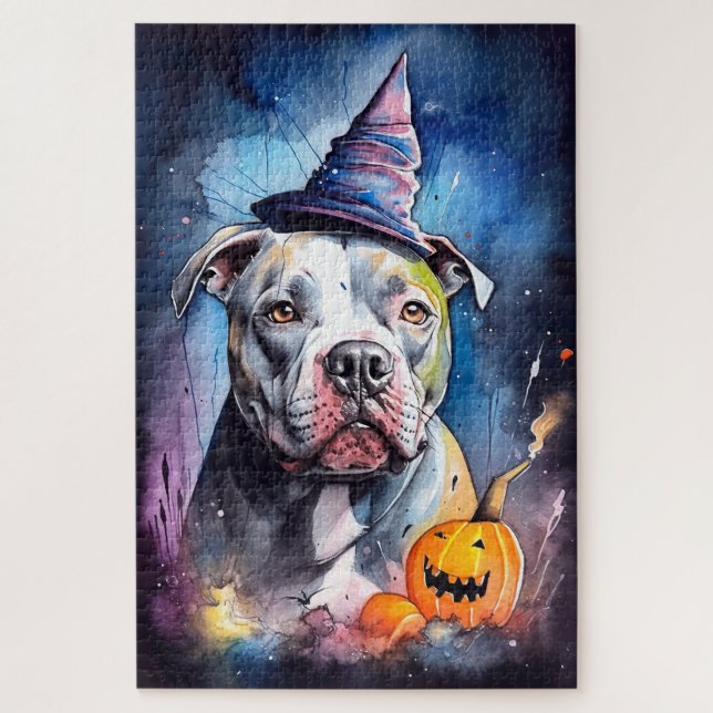 Quebra-cabeça Halloween American Staffordshire Com Pumpkins (Vertical)
