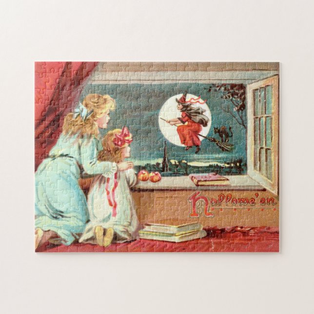 Quebra-cabeça Halloween Antigo Crianças & Bruxa com Vassoura (Horizontal)