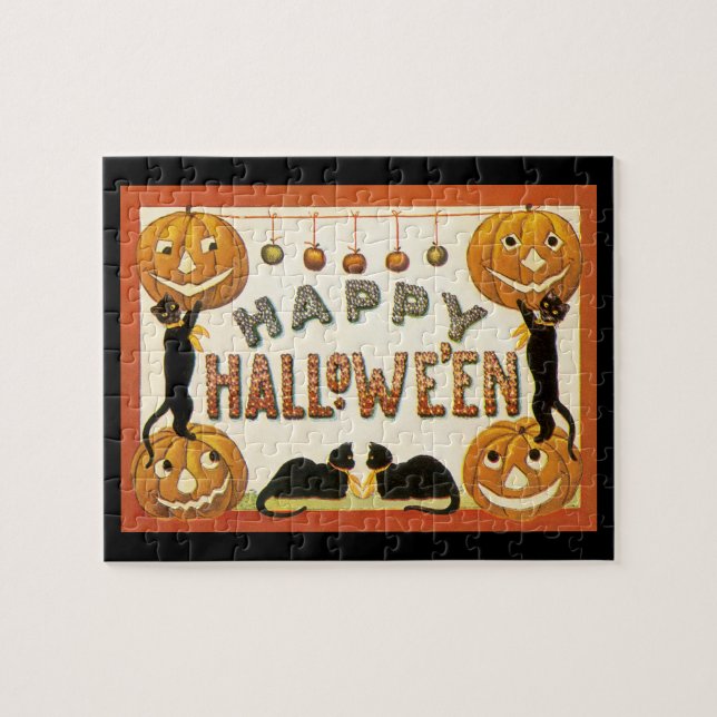Quebra-cabeça Halloween Antigo, Gatos Pretos com Jackolanterns (Horizontal)