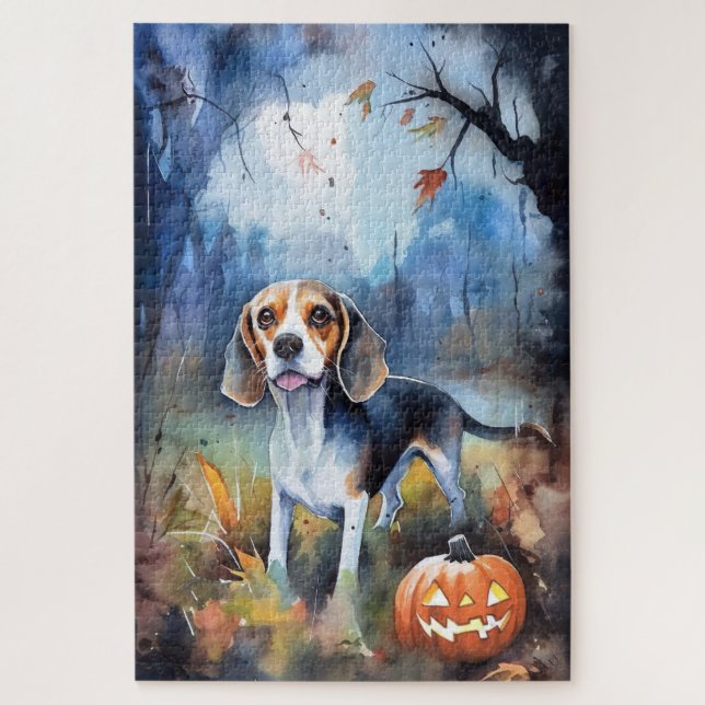 Quebra-cabeça Halloween Beagle Com Pumpkins Assustado (Vertical)