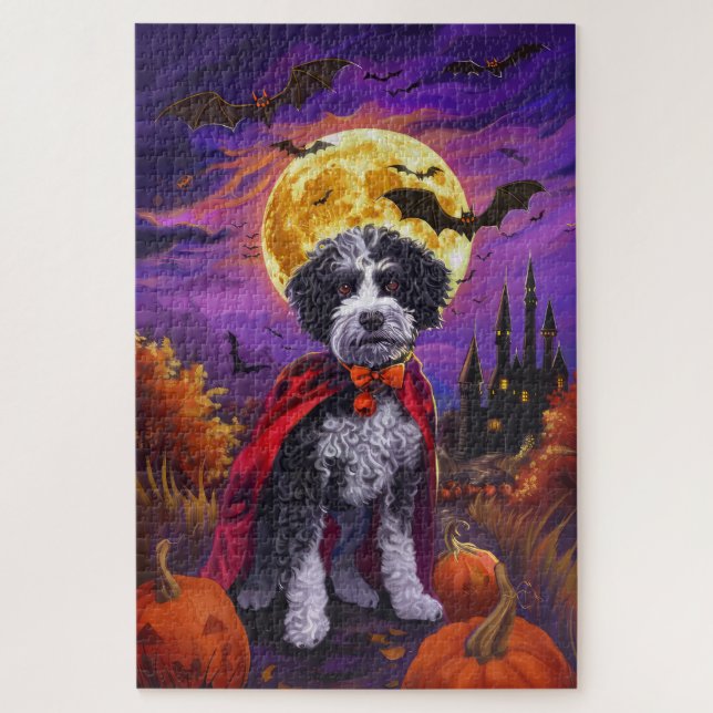 Quebra-cabeça Halloween Bernedoodle Dog Pumpkins assustado (Vertical)
