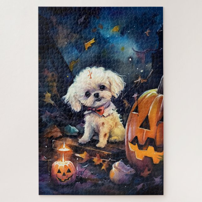 Quebra-cabeça Halloween Bichon Frise Com Pumpkins Assustado (Vertical)