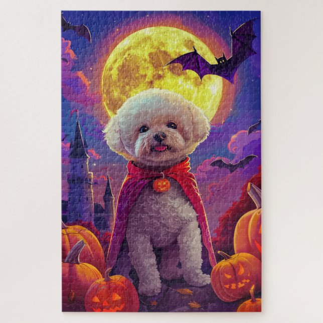 Quebra-cabeça Halloween Bichon Frise Dog Pumpkins Assustado (Vertical)