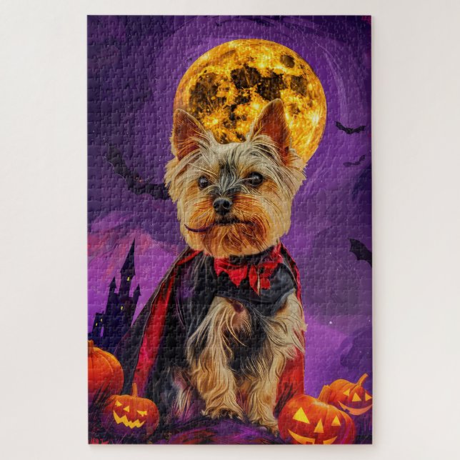 Quebra-cabeça Halloween Biewer Terrier Dog Pumpkins assustado (Vertical)