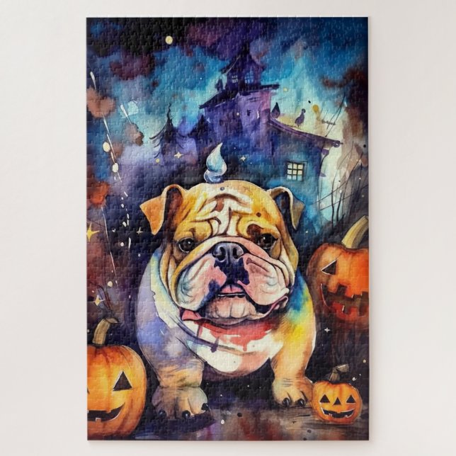 Quebra-cabeça Halloween Bulldog Com Pumpkins Assustado (Vertical)