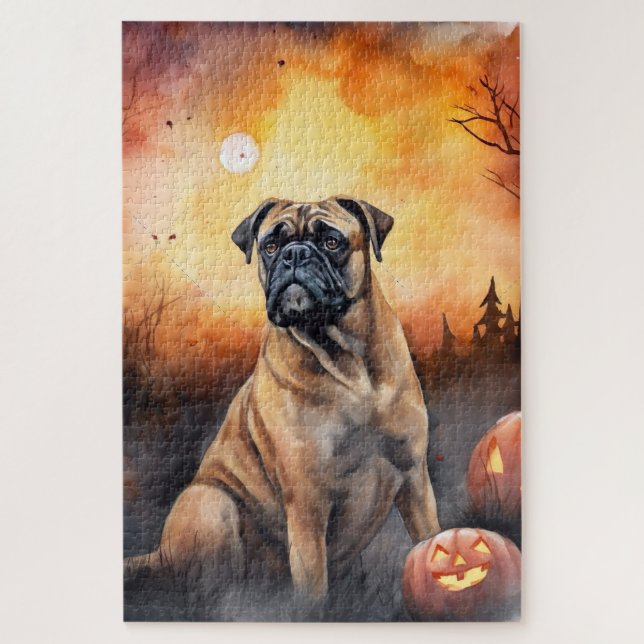 Quebra-cabeça Halloween Bullmastiff Com Pumpkins Assustado (Vertical)