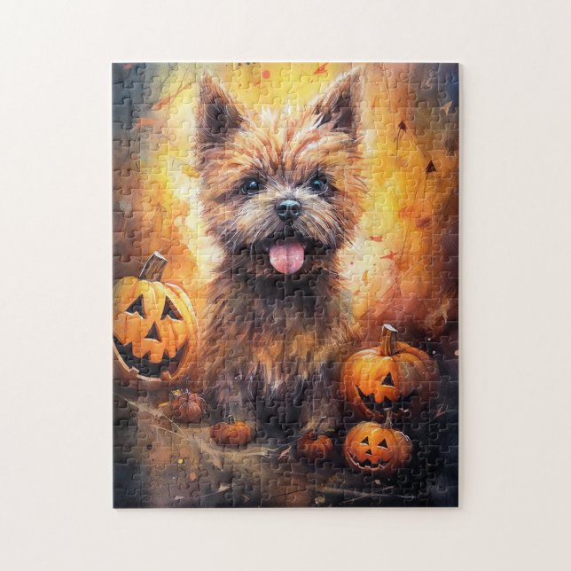 Quebra-cabeça Halloween Cairn Terrier Com Pumpkins Assustado (Vertical)