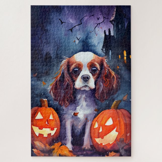 Quebra-cabeça Halloween Cavalier King Charles Spaniel Pumpkins (Vertical)