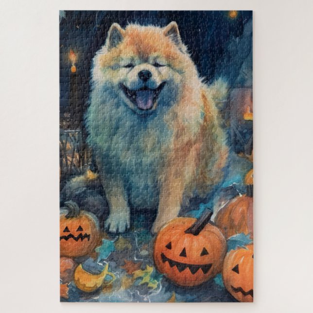 Quebra-cabeça Halloween Chow Chow Com Pumpkins Assustado (Vertical)