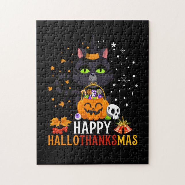 Quebra-cabeça Halloween De Gato Negro E Feliz Natal (Vertical)