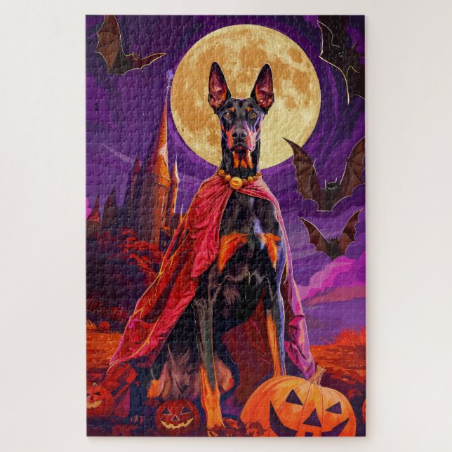Quebra-cabeça Halloween Doberman Vampiro Abóboras Assustador (Vertical)