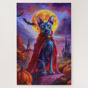 Quebra-cabeça Halloween Gato Azul Oriental Abóbora Assustadora V