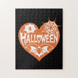 Quebra-cabeça Halloween Heart, Orange Heart Shape, Spider Web