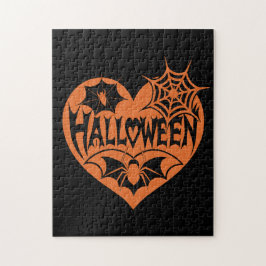 Quebra-cabeça Halloween Heart, Orange Heart Shape, Spider Web