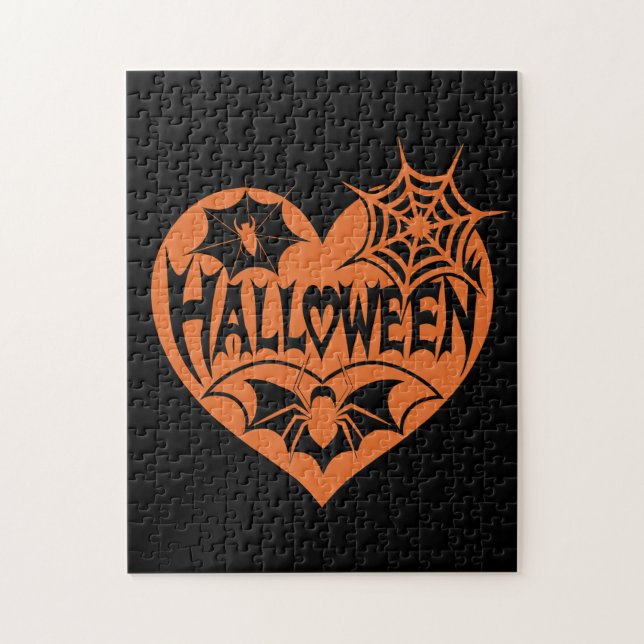 Quebra-cabeça Halloween Heart, Orange Heart Shape, Spider Web (Vertical)