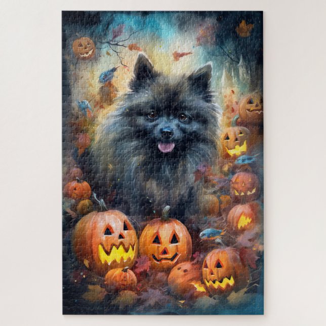 Quebra-cabeça Halloween Keeshond Com Pumpkins Assustado (Vertical)