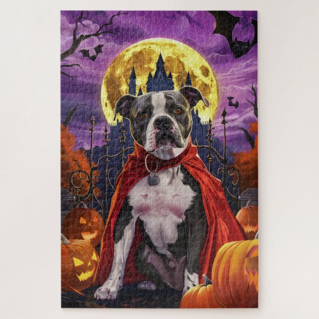 Quebra-cabeça Halloween Pitbull Vampiro Pumpkins assustado (Vertical)
