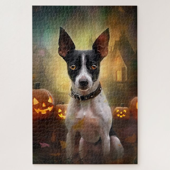 Quebra-cabeça Halloween Rat Terrier Com Pumpkins Assustado (Vertical)