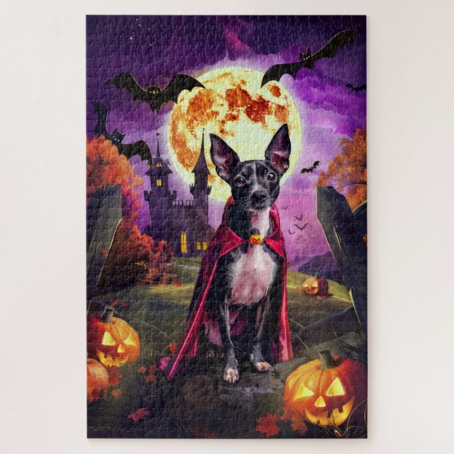 Quebra-cabeça Halloween Rat Terrier Vampire Pumpkins assustado (Vertical)