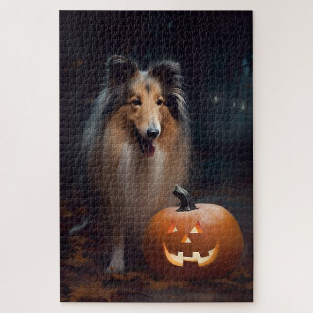 Quebra-cabeça Halloween Rough Collie Com Pumpkins Assustado (Vertical)