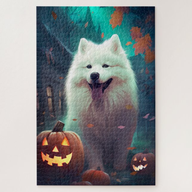 Quebra-cabeça Halloween Samoyed Com Pumpkins Assustado (Vertical)