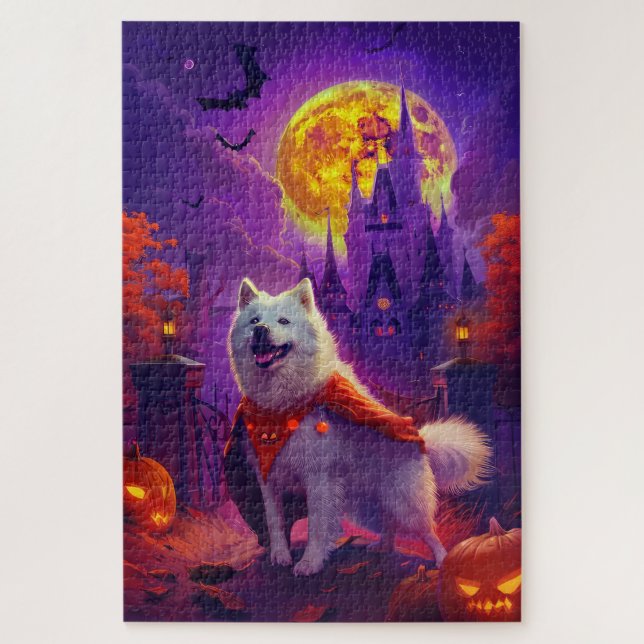 Quebra-cabeça Halloween Samoyed Vampire Pumpkins assustado (Vertical)