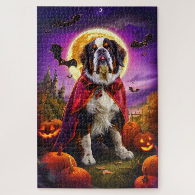 Quebra-cabeça Halloween São Bernardo Vampiro Abóboras Assustador (Vertical)