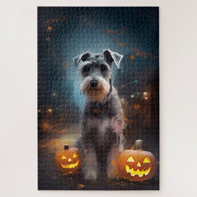 Quebra-cabeça Halloween Schnauzer Com Pumpkins Assustado (Vertical)
