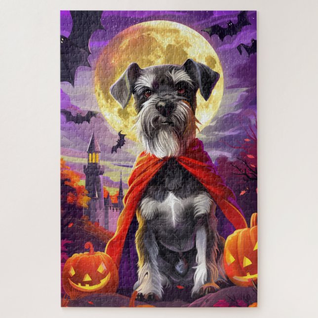 Quebra-cabeça Halloween Schnauzer Vampiro Pumpkins assustado (Vertical)