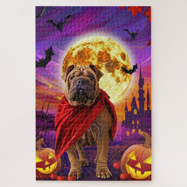 Quebra-cabeça Halloween Shar Pei Vampiro Pumpkins assustado (Vertical)