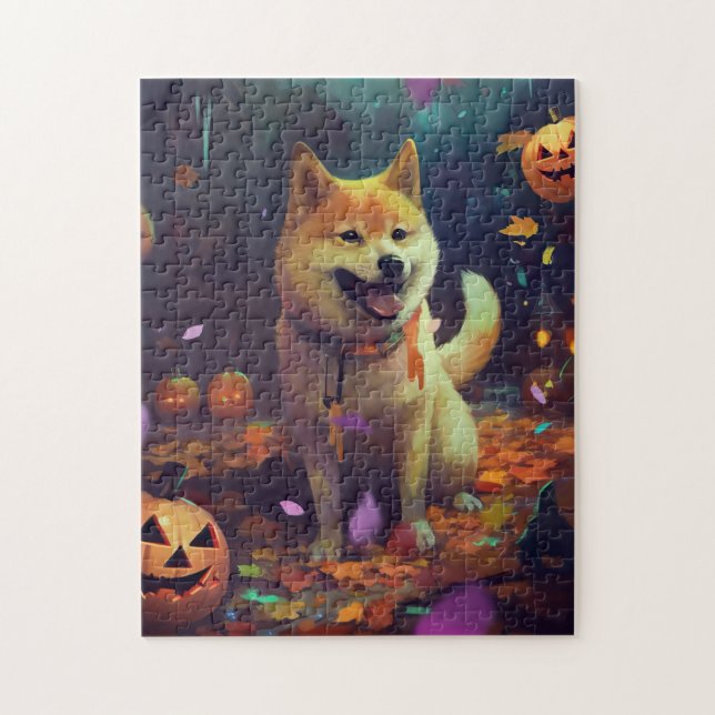 Quebra-cabeça Halloween Shiba Inu Com Pumpkins Assustado (Vertical)