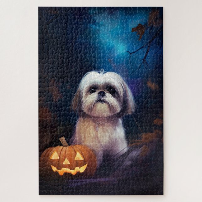 Quebra-cabeça Halloween Shih Tzu Com Pumpkins Assustado (Vertical)