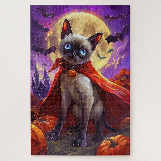 Quebra-cabeça Halloween Siamese Cat Vampire Pumpkins assustado (Vertical)