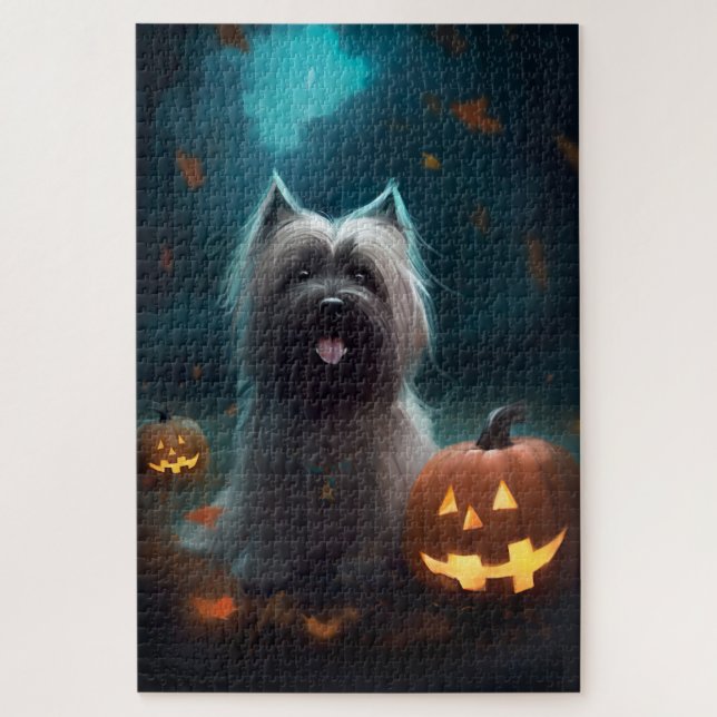 Quebra-cabeça Halloween Skye Terrier Com Pumpkins Assustado (Vertical)