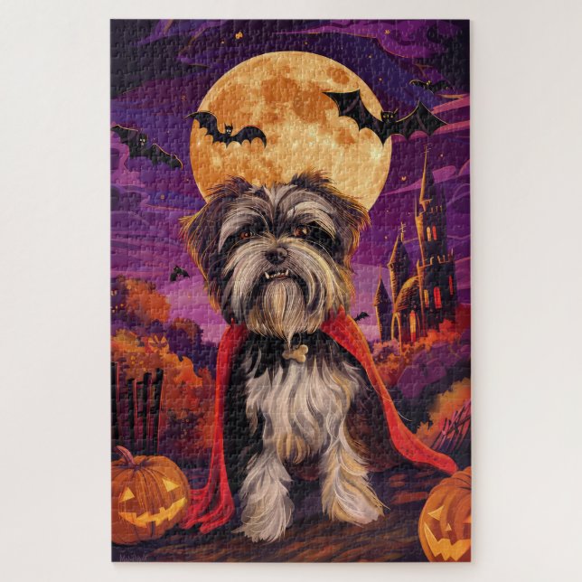 Quebra-cabeça Halloween Terrier Tibetano Vampiro Abóboras Assust (Vertical)