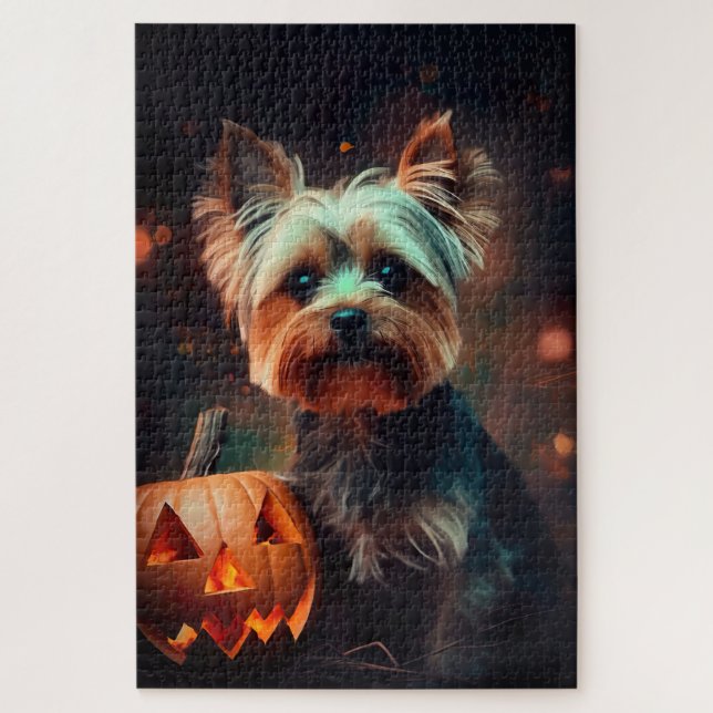 Quebra-cabeça Halloween Yorkshire Terrier Com Pumpkins Assustado (Vertical)