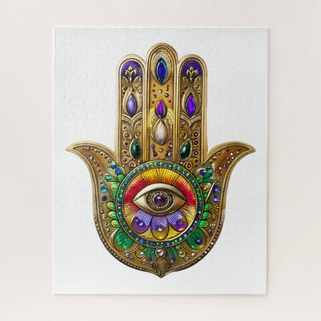 Quebra-cabeça Hamsa de Ouro Pintado Olho Terceiro Ametista Rubi (Vertical)