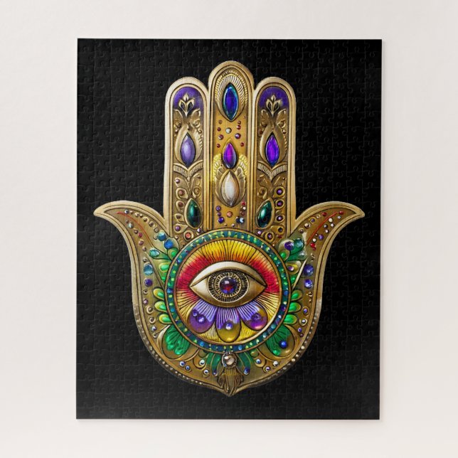 Quebra-cabeça Hamsa Dourado Pintado Olho de Terceiro Rubi Ametis (Vertical)