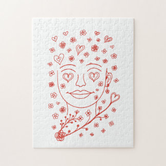 Quebra-cabeça Hand-Drawn Romantic Line Art Face with Hearts and 