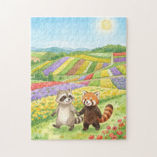 Quebra-cabeça Hand-Painted Raccoon & Red Panda Meadow
