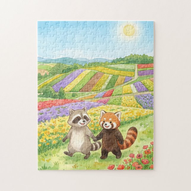 Quebra-cabeça Hand-Painted Raccoon & Red Panda Meadow (Vertical)