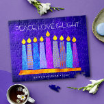 Quebra-cabeça Hanukkah Blue Boho Candle Patterle Peace Love Ligh<br><div class="desc">"Paz, amor e luz." Uma ilustração lúdica, moderna e artística das velas de padrão de feto em uma menorah ajuda você a lançar no feriado de Chanucá. Velas azuis cortadas com padrões coloridos de folha de alumínio sobrepõem um fundo rico e profundo de textura azul. Sinta o calor e a...</div>