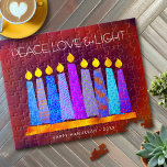 Quebra-cabeça Hanukkah Blue Boho Velas sobre Red Peace Love Ligh<br><div class="desc">"Paz, amor e luz." Uma ilustração lúdica, moderna e artística das velas de padrão de feto em uma menorah ajuda você a lançar no feriado de Chanucá. Velas azuis cortadas com padrões coloridos de folha de alumínio sobrepõem-se a um fundo de textura laranja vermelho, rico e profundamente queimado. Sinta o...</div>